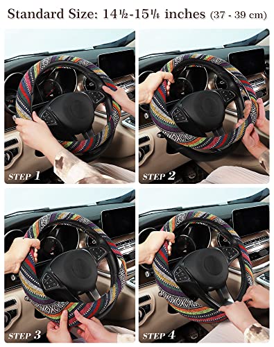 SEG Direct Boho Steering Wheel Cover with Baja Blanket Cloth, Ethnic Style Auto Wheel Cover Made of Coarse Flax, Fits 14 1/2-15 1/4 inches Car Wheel - color: Colorful Windmill