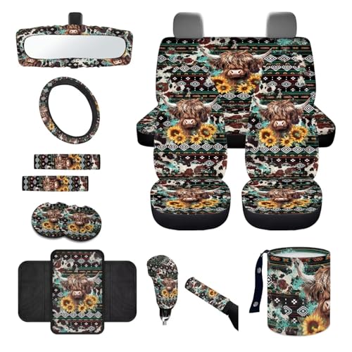 Wanyint Aztec Highland Cow 14-Pack Car Seat Cover Set, Including Steering Wheel, Auto Seatbelt Pads, Cup Coasters, Trash Can, Rear View Mirror Cover, Armrest, Gear Shift Knob - color: Aztec Highland Cow Sunflower