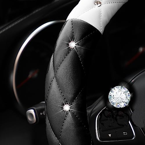 YOGURTCK Cute Diamond Soft Leather Anti-Slip Steering Wheel Cover with Bling Bling Crystal Rhinestones, Universal 15 Inch for Women Girls, Fit Vehicles, Sedans, SUVs, Vans, Trucks - Black and White - color: A-Black and White