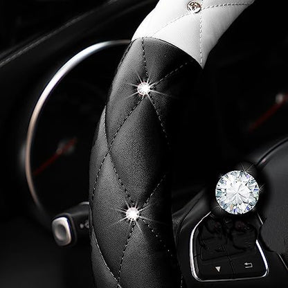 YOGURTCK Cute Diamond Soft Leather Anti-Slip Steering Wheel Cover with Bling Bling Crystal Rhinestones, Universal 15 Inch for Women Girls, Fit Vehicles, Sedans, SUVs, Vans, Trucks - Black and White - color: A-Black and White