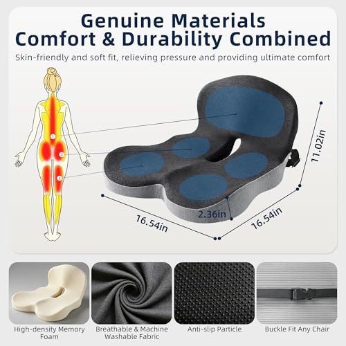 lazyzzz Office Chair Cushion, Memory Foam Seat Cushion with Lumbar Support & Adjustable Strap, Ergonomic Car Orthopedic Seat Cushion Back Pain Relief for Truck Driver, Office Chair, Gaming Chair