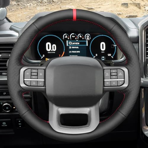 MEWANT DIY Black Smooth Woven Embossed Faux Leather Steering Wheel Cover for Ford F150 Lightning F350 2024 Expedition