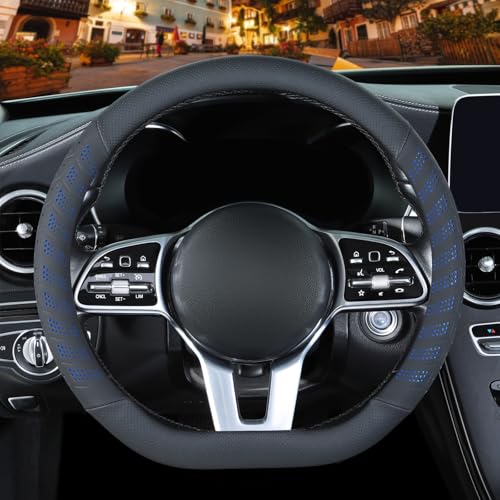 3D Premium Skin-Feel Leather Small D Shaped Steering Wheel Cover, Anti-Slip Breathable Soft Slim Design, 13.5 inch to 14 inch, Black with Blue - color: Black with Blue, size: D Type-Small[13.5''-14'']