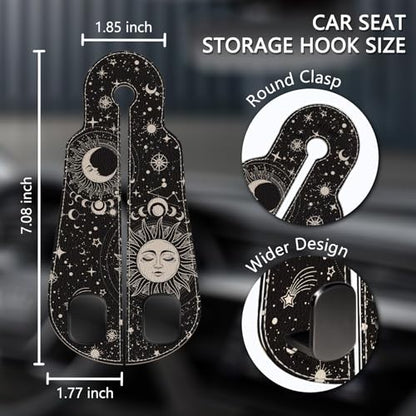 2PCS Car Seat Back Storage Headrest Hooks, Sun and Moon Purse Holder Bags Hanger, PU Leather Double Metal Hook for Backseat Organizer, Women Car Accessories Organization