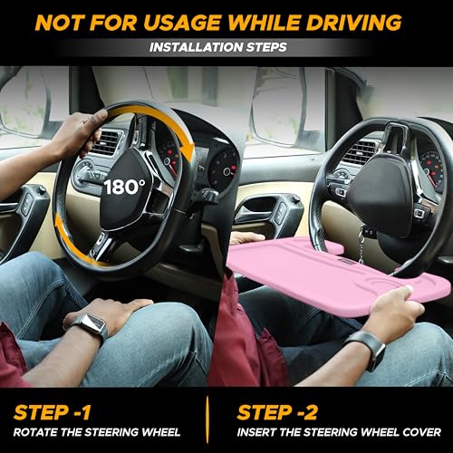 EcoNour 2 in 1 Car Steering Wheel Desk | Steering Wheel Tray for Laptop and Food | Pink Table Tray for Eating with Drinks Holder | Car Accessories - size: Medium-Pink