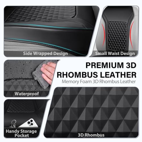CAR PASS 2Pack Front Car Seat Covers Leather Memory Foam Water Proof Seat Protector Universal Fit for Cars SUVs Trucks Most Vehicles, 3D Foam Rhombus Sideless, Airbag Compatible Non-Slip, 2 Pcs Black