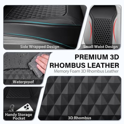 CAR PASS 2Pack Front Car Seat Covers Leather Memory Foam Water Proof Seat Protector Universal Fit for Cars SUVs Trucks Most Vehicles, 3D Foam Rhombus Sideless, Airbag Compatible Non-Slip, 2 Pcs Black