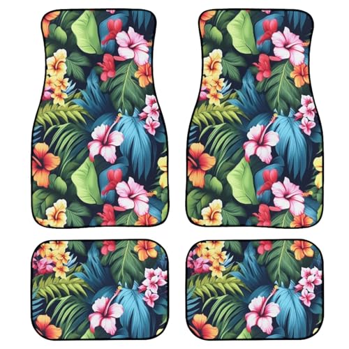 Hawaii Hibiscus Car Floor Mats Tropical Frangipani Palm Leaf All Weather Car 1st 2nd Row Floor Mats Interior Carpet Hawaii Flower Oil Painting Universal for SUV Trucks - color: Hibiscus Palm Leaf