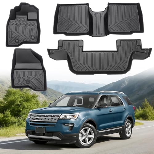 Floor Mats for Ford Explorer 2015-2019 7-Seat Bench & 6-Seat Bucket, Custom Fit Heavy Duty TPE All Weather Protection, Waterproof Non-Slip Black Car Liners for Front & Rear (Three-Row Floor Mats) - style: 06) For Ford Explorer 7-Seat | 2015-2019 | 1st & 2