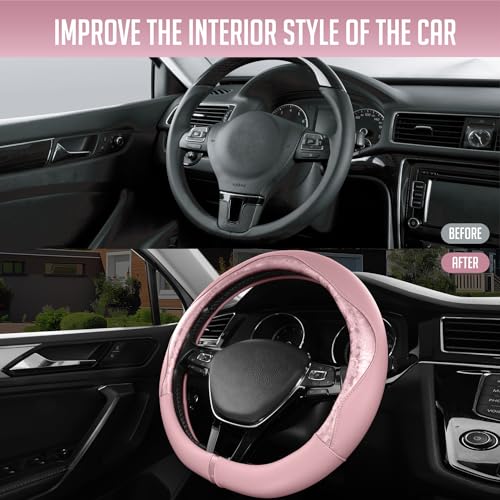 PIC AUTO Steering Wheel Cover, Pink Patterned Leather Patchwork Design, Universal Fit 14.5"–15.5" D-Shape Steering Cover, Soft PU Grain Leather, Durable Grip Car Accessory for Girls & Women - color: Fits D-Shape Pink