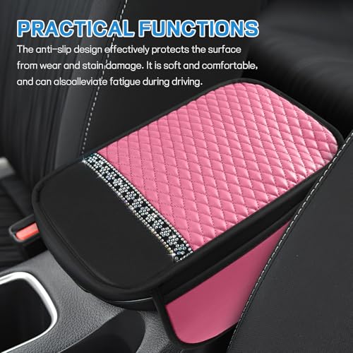 8PCS Car Accessories Set, Bling Leather Car Steering Wheel Cover with Armrest Pad, Seat Belt Cover Pads, Cup Holder Coasters, Gear Shift & Handbrake Covers, Auto Interior Accessories (Pink) - color: Pink