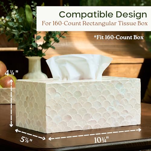 CHI AN HOME Rectangular Capiz Tissue Box Cover, Decorative Mother of Pearl Inlay Tissue Box Holder for Bedroom, Bathroom, Kitchen, and Office, Rectangle Tissue Box Cover White (10.25” x 5.9” x 4.33”) - size: Rectangular