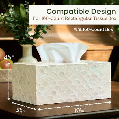 CHI AN HOME Rectangular Capiz Tissue Box Cover, Decorative Mother of Pearl Inlay Tissue Box Holder for Bedroom, Bathroom, Kitchen, and Office, Rectangle Tissue Box Cover White (10.25” x 5.9” x 4.33”) - size: Rectangular