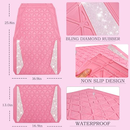 CAR PASS Bling Diamond Car Mats Rubber Floor Mats Full Set Anti-Slip 3D Rhombus Waterproof Trim to Fit Liner Universal Glitter Crystal Sparkly Shining Rhinestone Girl Women SUV Sedan Van, Pink Rubber - color: Pink Rubber