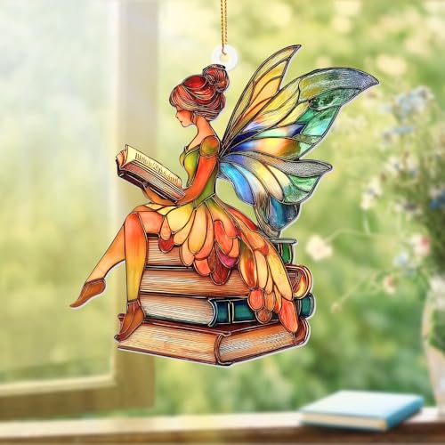 Fairy Stained Glass Style Acrylic Suncatcher, Fairy Ornament Window Hanging, Book Lover Gift for Women, Fairy Decor, Teacher & Librarian Book Club Decorations, Christmas Tree Ornament 4.5"(Sun-15) - color: Sun-15