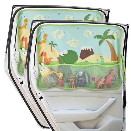 Car Window Shade for Baby, 2 Pack Car Sun Shades with Storage Pockets Car Window Curtain 7 Suction Cups Dinosaurs Pattern for Sun/Heat/UV Rays Protection - color: Green-2pcs