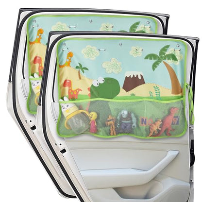Car Window Shade for Baby, 2 Pack Car Sun Shades with Storage Pockets Car Window Curtain 7 Suction Cups Dinosaurs Pattern for Sun/Heat/UV Rays Protection - color: Green-2pcs