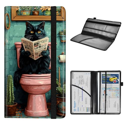 Car Registration and Insurance Holder for Women Men,Automobile License Document Card Holders Vehicle Glove Box Organizer Leather Accessories Driver Essential,Black Cat Reading Newspaper - color: Black Cat Reading Newspaper