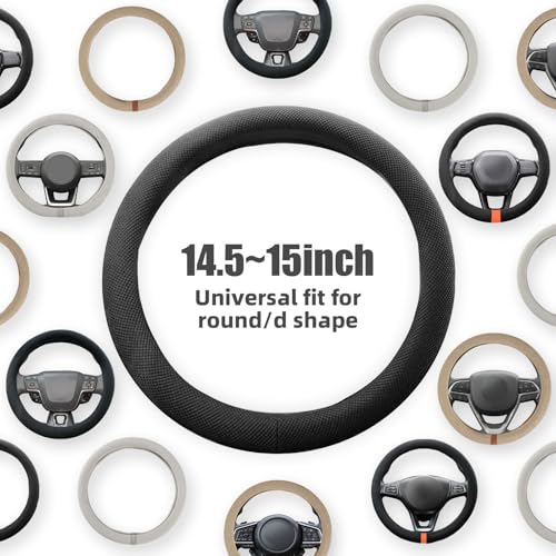 Universal Black Steering Wheel Cover, Microfiber Ice Silk Non-Slip Breathable Cooling Steering Wheel Protector with Upgraded Silicone Inner Ring Warm in Winter Cool in Summer - color: Black