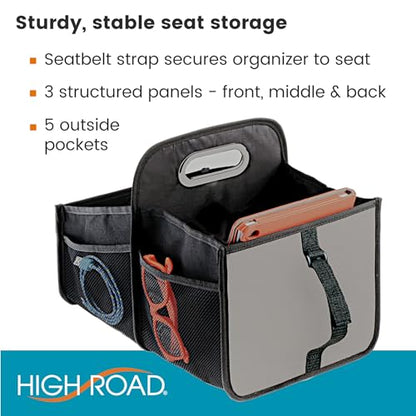 High Road Car Caddy with Cup Holders - Front Seat Organizer for Drivers or Back Seat Organizer for Kids - Portable Car Organizer with Easy One-Handed Carry Handle
