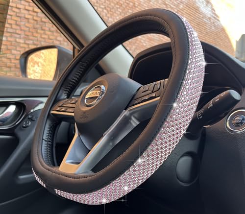 D Shaped Bling Comfy Steering Wheel Cover with Jumbo Crystal Rhinestones, Anti-Slip Diamond Leather, Flat Bottom 14.5-15 Inch (Pink) - color: 2.Pink, size: D Shaped/Flat Bottom[14 1/2''-15'']