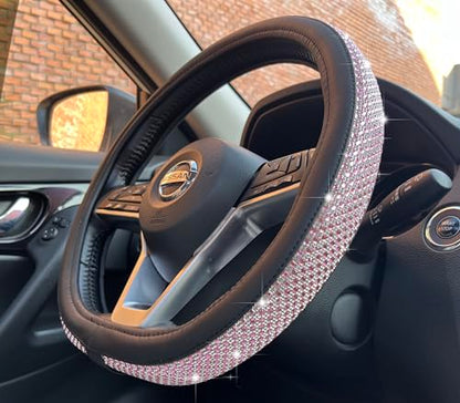 D Shaped Bling Comfy Steering Wheel Cover with Jumbo Crystal Rhinestones, Anti-Slip Diamond Leather, Flat Bottom 14.5-15 Inch (Pink) - color: 2.Pink, size: D Shaped/Flat Bottom[14 1/2''-15'']