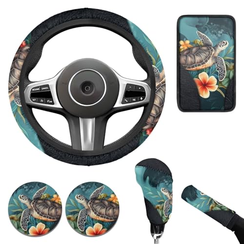 Blue Sea Turtle 6pcs Car Steering Wheel Cover Set for Men Women Auto Interior Accessories Cup Holder Armrest Pad Seatbelt Cushion Fit for SUV Truck Vans - color: Blue Sea Turtle