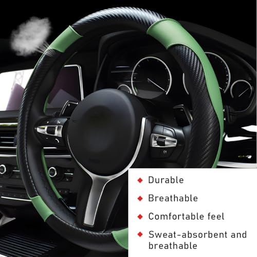 povtii Car Steering Wheel Cover, 15 Inch Leather Breathable Auto Steering Wheel Protector, Comfortable Non-Slip Vehicle Steering Wheel Covers, Universal Car Accessories (Green, with Lining) - color: Green, With Lining