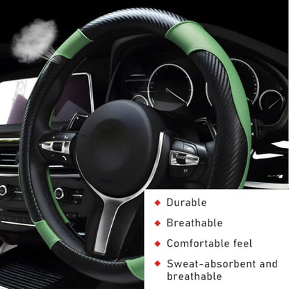 povtii Car Steering Wheel Cover, 15 Inch Leather Breathable Auto Steering Wheel Protector, Comfortable Non-Slip Vehicle Steering Wheel Covers, Universal Car Accessories (Green, with Lining) - color: Green, With Lining
