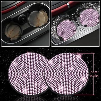 NBTEPEM 12 Pcs Bling Car Accessories Set for Women Car Floor Mats Full Set Steering Wheel Cover Seat Belt Covers Coasters Universal Fit Car SUV Truck Van Pink