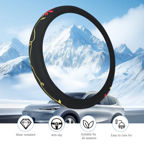 HZEL Twin Flowers Car Steering Wheel Covers, Beautiful Embroidery Non-Slip Vehicle Steering Wheel Protector with Inner Ring, Automotive Interior Protective Accessories, Universal Fit - size: Twin Flowers