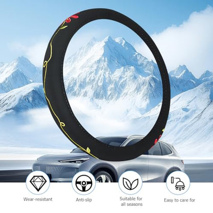 HZEL Twin Flowers Car Steering Wheel Covers, Beautiful Embroidery Non-Slip Vehicle Steering Wheel Protector with Inner Ring, Automotive Interior Protective Accessories, Universal Fit - size: Twin Flowers
