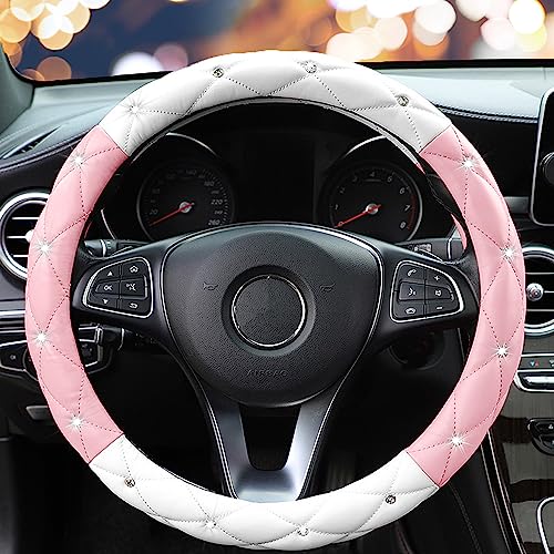 YOGURTCK Cute Diamond Soft Leather Steering Wheel Cover with Bling Bling Crystal Rhinestones, Universal 15 Inch for Women Girls, Fit Vehicles, Sedans, SUVs, Vans, Trucks - Light Pink and White - color: A-Baby Pink and White