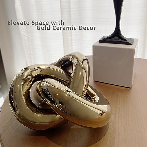 Large Ceramic Gold Knot Statue Décor, Gold Coffee Table Decor, Multi-Angle Abstract Geometric Sculpture Ornament, Modern Home Decor Accents for Living Room, Bedroom, Office