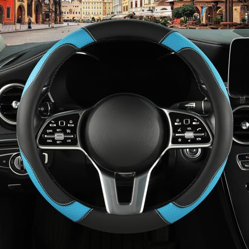Leather Auto Car Steering Wheel Cover Anti-Slip Heavy Duty, Elegant, Non-tonix, Universal 15 Inch, Black&Blue - color: Black Blue, size: Round-Middle[14.5''-15'']