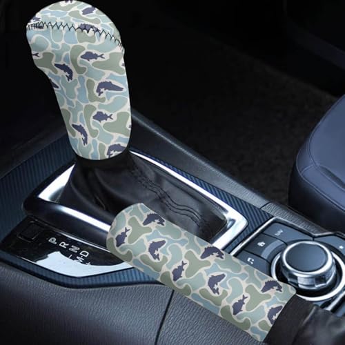 KEIAHUAN 2 Piece Car Gear Shift Knob Cover & Handbrake Cover Blue Fish Camo Design Handbrake Gear Shift Protector Vehicle Interior Accessories Decor - color: Blue Fish Camo