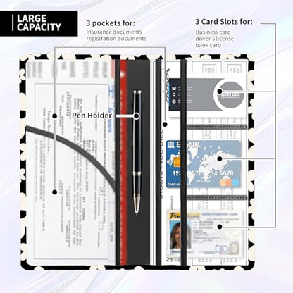 Leather Car Registration and Insurance Card Holder, Cute Car Accessories Vehicle Glove Box Car Organizer for Documents, Cards, License Black White Flowers - color: Black White Flowers