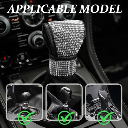 Bling Auto Gear Shift Knob Cover, Rhinestones Car Knob Gear Stick Protector, Sparkly Crystal Car Shifter Lever Cover, Universal Bling Interior Decoration Accessories for Women Girls