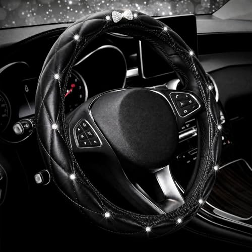 Bling Sparkly Crown Soft Leather Car Steering Wheel Cover for Women Girl,Bling Diamond Crystal Glitter Rhinestones Universal Fit 14.5in-15in Auto Wheel Protector for Suvs,Vans,Sedans,Cars (Bow-Black) - color: Bow-Black