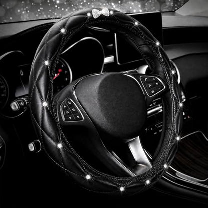 Bling Sparkly Crown Soft Leather Car Steering Wheel Cover for Women Girl,Bling Diamond Crystal Glitter Rhinestones Universal Fit 14.5in-15in Auto Wheel Protector for Suvs,Vans,Sedans,Cars (Bow-Black) - color: Bow-Black