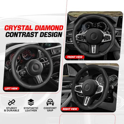 Auto Dynasty Steering Wheel Cover, Breathable Microfiber Leather Car Steering Wheel Protector with Stylish White Wavy Stitch, Anti-Slip, [14 1/2 to 15 Inches] Universal Fit Cars Trucks SUVs - color: Stitched White B