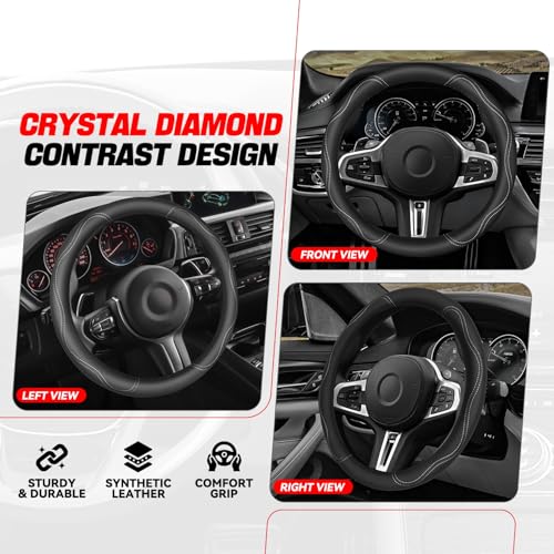 Auto Dynasty Steering Wheel Cover, Breathable Microfiber Leather Car Steering Wheel Protector with Stylish White Wavy Stitch, Anti-Slip, [14 1/2 to 15 Inches] Universal Fit Cars Trucks SUVs - color: Stitched White B