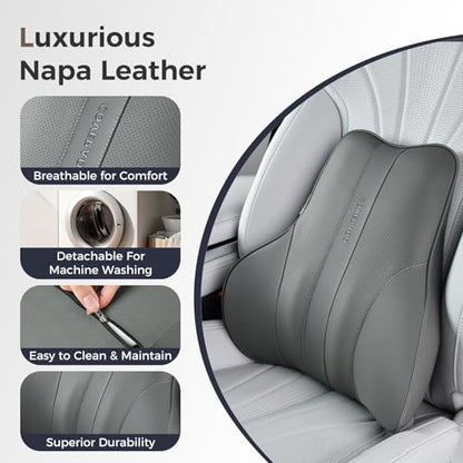 Coverado Lumbar Support Pillow for Car, Ergonomic Memory Foam Back Pillow for Office Chair, Back Cushion for Back Pain Relief, PU Leather Car Lumbar Support for Driving Seat - Gray