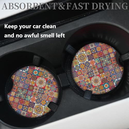 Boho Absorbent Neoprene Car Coasters, 2.75inch Mandala Style, 2 Pack Universal with Finger Slot