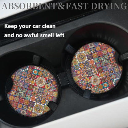 Boho Absorbent Neoprene Car Coasters, 2.75inch Mandala Style, 2 Pack Universal with Finger Slot