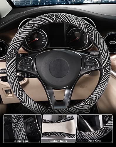 SEG Direct Boho Steering Wheel Cover with Baja Blanket Cloth, Ethnic Style Auto Wheel Cover Made of Coarse Flax, Fits 14 1/2-15 1/4 inches Car Wheel - color: Zebra White
