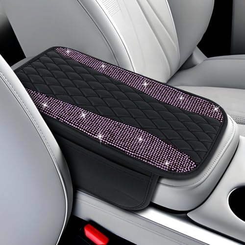 wuyaoyao Bling Leather Car Center Console Cover, 12.2"×7.5" Crystal Rhinestone Arm Rest Cover for Cars, Bling Auto Armrest Protector with 2 Side Pockets, Interior Car Accessories (Pink) - color: Pink