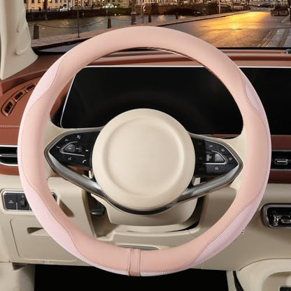 14 inch Steering Wheel Cover for Prius Civic, Nappa Microfiber Leather Non-Slip Breathable Fabric, Warm in Winter and Cool in Summer, Pink Small 13.5 inch to 14 inch - color: Pink, size: Round-S[13.5''-14'']