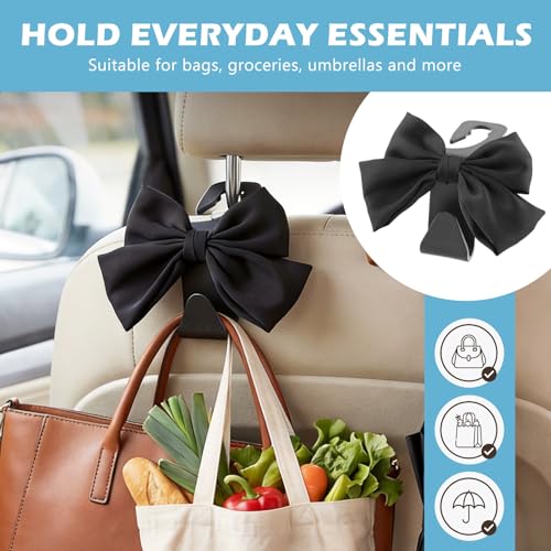 2Pcs Bow Car Headrest Hooks, Durable PVC Seat Back Organizer Hooks, Car Interior Decor Accessories, Multi‑Use for Bags and Umbrella, Universal for Cars, SUV, Truck (Black)