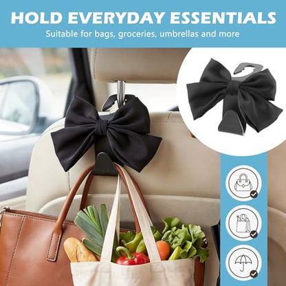 2Pcs Bow Car Headrest Hooks, Durable PVC Seat Back Organizer Hooks, Car Interior Decor Accessories, Multi‑Use for Bags and Umbrella, Universal for Cars, SUV, Truck (Black)